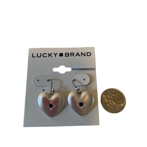 Matte Silver Heart Shaped Drop Earrings w/ Dark Blue Centered Pave Crystal - Picture 5 of 5